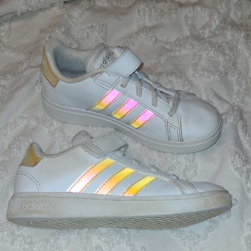 Adidas Kids White Sneakers with Iridescent Stripes